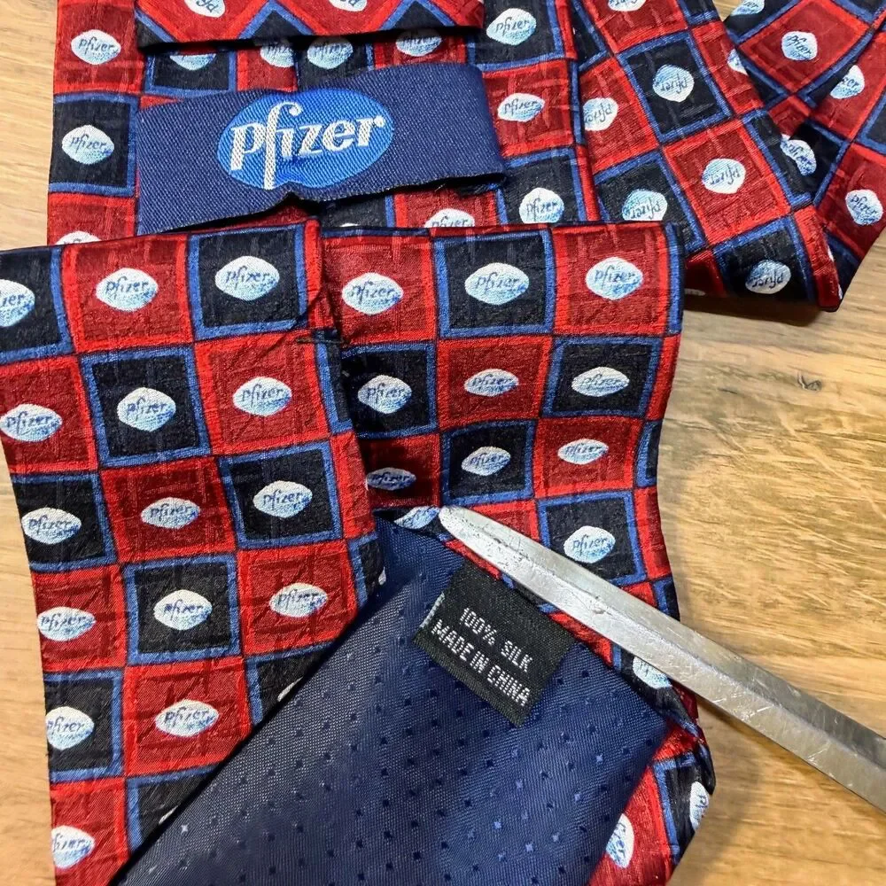 PFIZER Necktie BLUE PILL Hand Sewn 100% Silk Red Blue RARE Tie 58 Inch